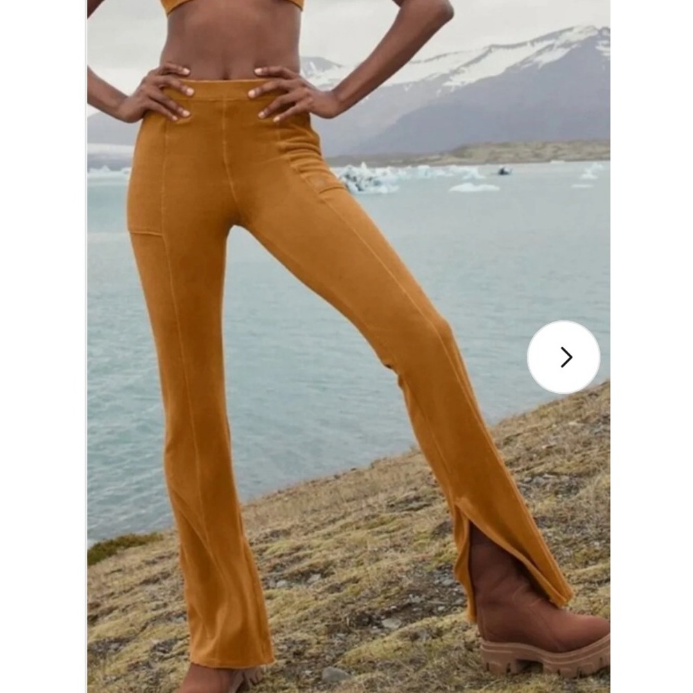 Alo Yoga Womens High Waist Corduroy Flare Pants Ginger Yellow Size M Side Slit